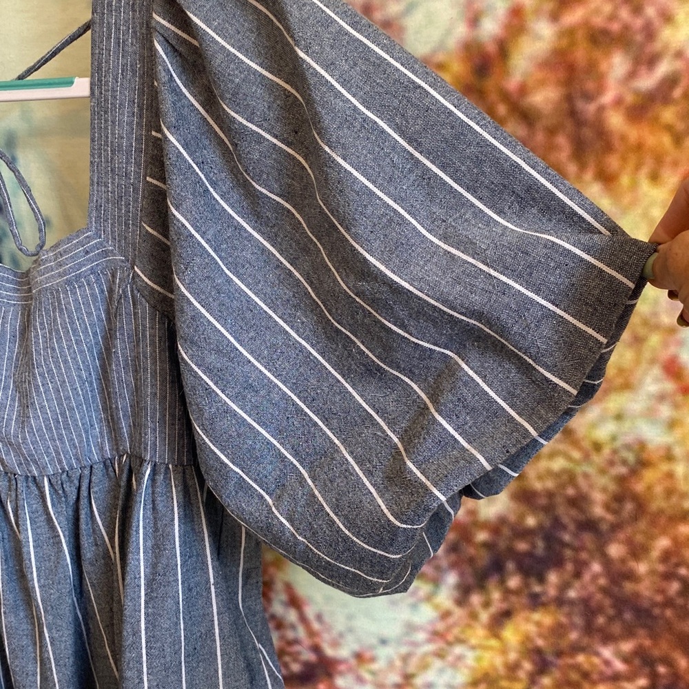 Free People blue and white Striped Mini Dress open back puff sleeves denim like - Picture 4 of 12